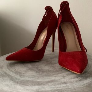 Red suede 6 inch stilettos, laced ankle